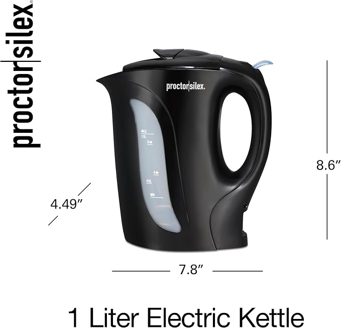 Proctor Silex 1 Liter Electric Tea Kettle, Water Boiler & Heater | Fast Boiling 1000 Watts | Cordless Serving | Auto-Shutoff & Boil-Dry Protection | Black | K2071PS