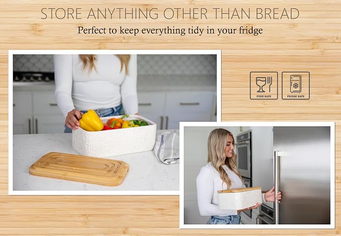 Engraved Ceramic Bread Box for Kitchen Countertop - Multipurpose Bread Storage Container with Thick Bamboo Cutting Board Lid - Elegant Bread Bin with Nature-Inspired Engraving - 13.8" x 7.9" x 5"