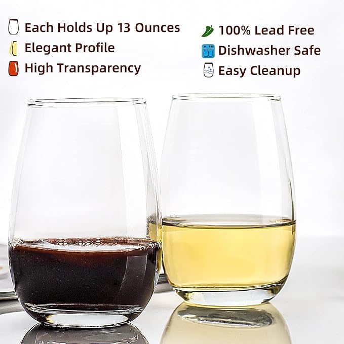 Stemless Wine Glasses Set of 12, 13 Oz | Clear Red White Wine Glass for Party, Wedding, Anniversary