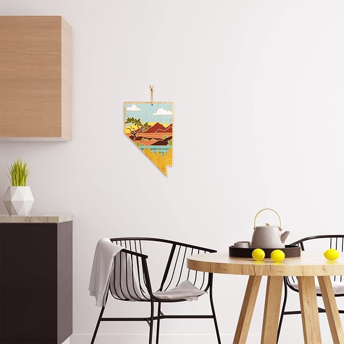 Totally Bamboo Nevada State Shaped Cutting Board, Summer Stokes Art | State charcuterie board with colorful hand-drawn landscape art. Smooth reverse side for food prep. Hang tie for wall display.