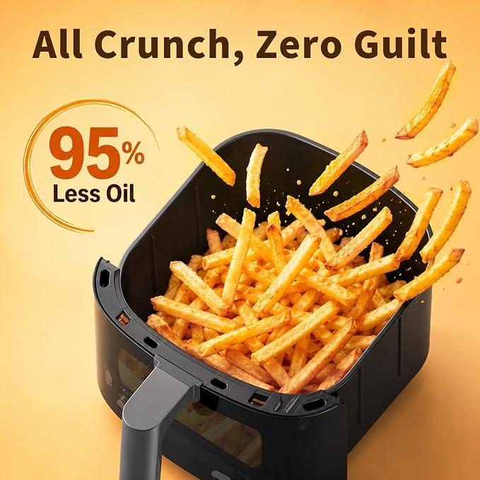 Fullwill 6QT Air Fryer, view window, 12-in-1: air fry, roast, bake, dehydrate. Nonstick, DW-safe basket. Max 400°F, 1700W. Darkgray. For parties.