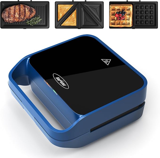 3 in 1 Electric Sandwich Maker with Removable Nonstick Plates - 850W,Blue | for Belgian Waffle/Panini/Grill/Pancake Griddle/Breakfast,Dishwasher Safe,Cool Touch Handle,Easy to Clean & Store