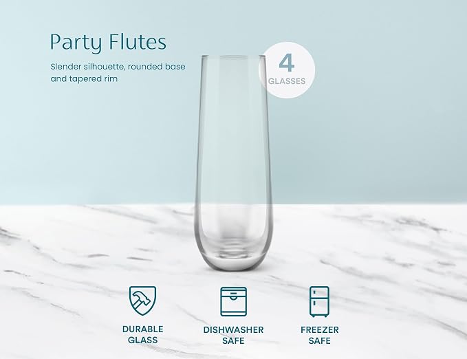 KooK Stemless Glass Champagne Flutes, Cocktail Cups for Rose, 9.4 oz (Classic Set of 4) Prosecco, Mimosa, Great for Weddings and Parties, Dishwasher Safe