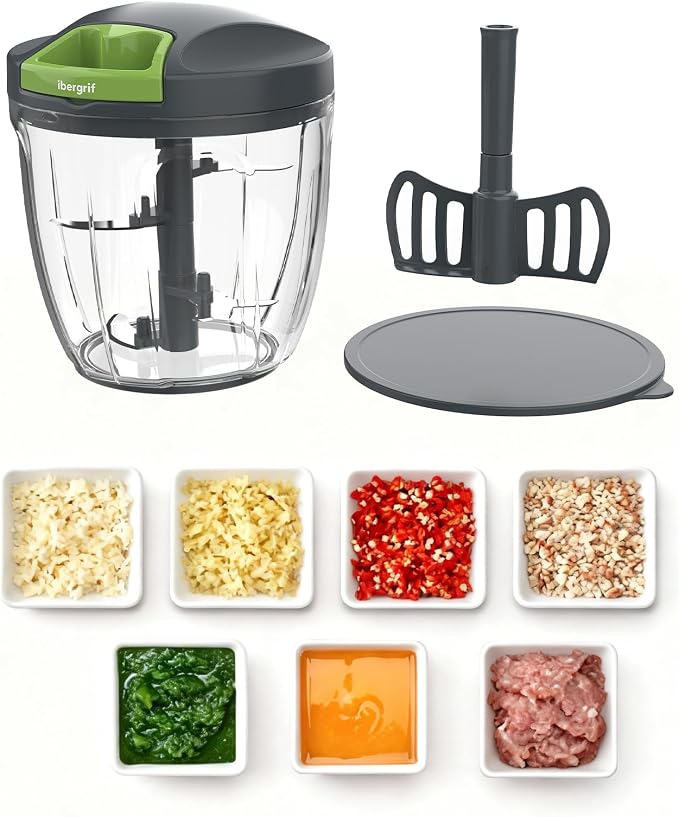 Ibergrif Manual Food Processor Vegetable Chopper, Portable Onion Chopper Garlic Mincer with Hand Pull String Cutter for for Veggies, Ginger, Egg, Fruits, Nuts, Herbs, 900ml, for Kitchen, Camping, RV