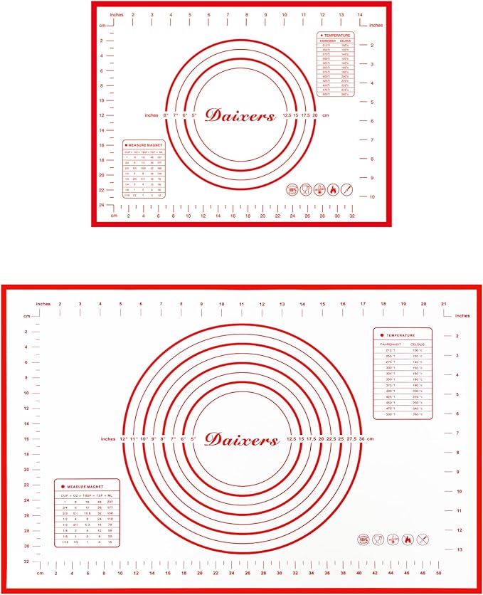 Silicone Baking Mats Set of 2,Large 24" x 16" Small 16" x 12" Non Stick Non Skid Pastry-Mat with Measurements (Red)