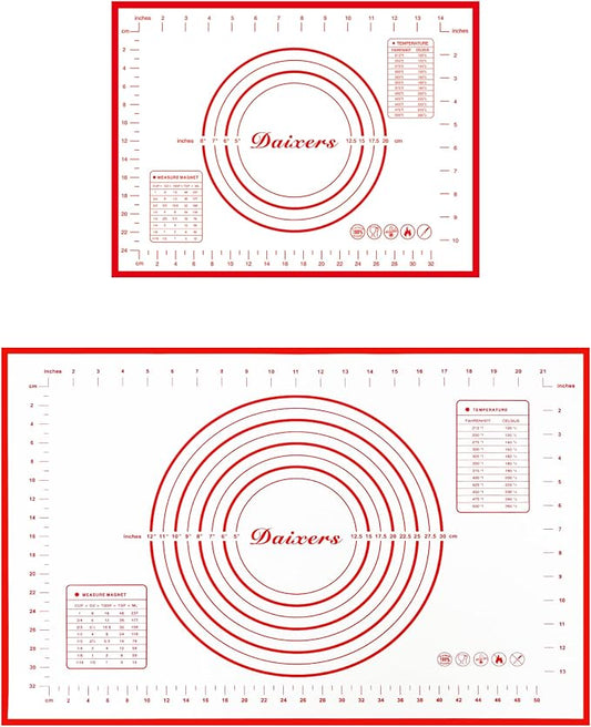 Silicone Baking Mats Set of 2,Large 24" x 16" Small 16" x 12" Non Stick Non Skid Pastry-Mat with Measurements (Red)