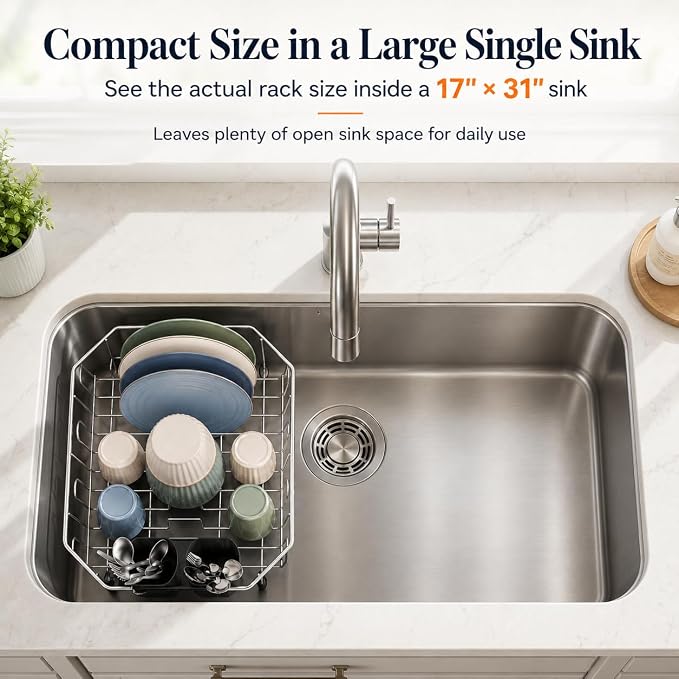 Yelocota in-Sink Dish Drying Rack:Premium Rust Resistant Stainless Steel Dish Drainer with Removable Utensil Holder & Cup Hooks,Space Saving Dish Drainers for Kitchen Sink,RVs,Apartments