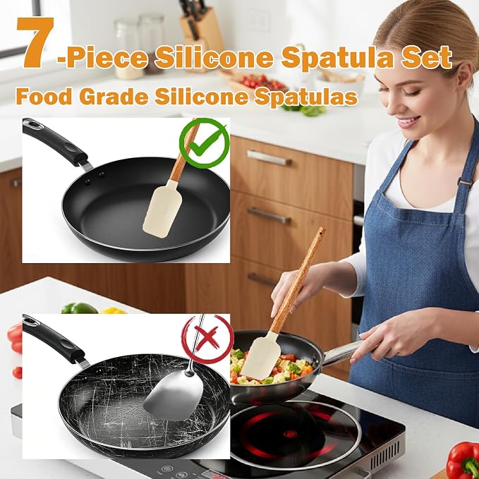 7 Piece Silicone Spatula Set, Food Grade Rubber Spatula Set with Wooden Handle, Heat Resistant Up to 600°F, Silicone Utensils Set for Baking, Cooking & Mixing, Jar, Non-Stick Kitchen Utensils