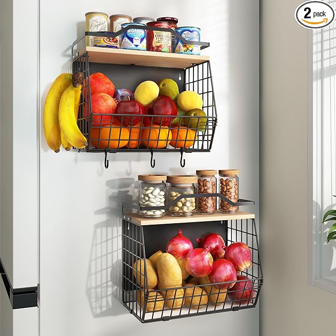 Wawocs Magnetic Shelf for Fridge with Wood Lid, 2 Tier Fruit Baskets Wall Mounted Hanging Basket with 4 Hanger Hooks, Potato and Onion Magnetic Storage Bins for Kitchen Counter, Refrigerator, Cabinet