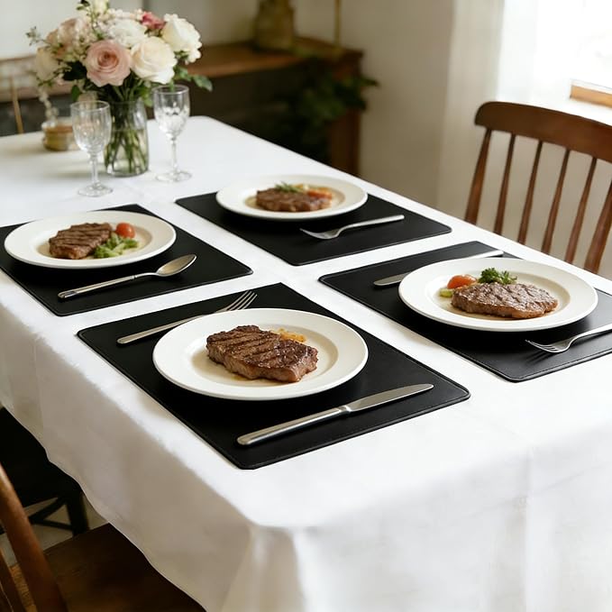 IYYI Silicone Placemats, Dining Placemats Set of 4, Waterproof Placemats for Kids, Heat Resistant Non-Slip Silicone Mats for Dinner Table, Dishwasher Safe (Black, 18.9×11.8)