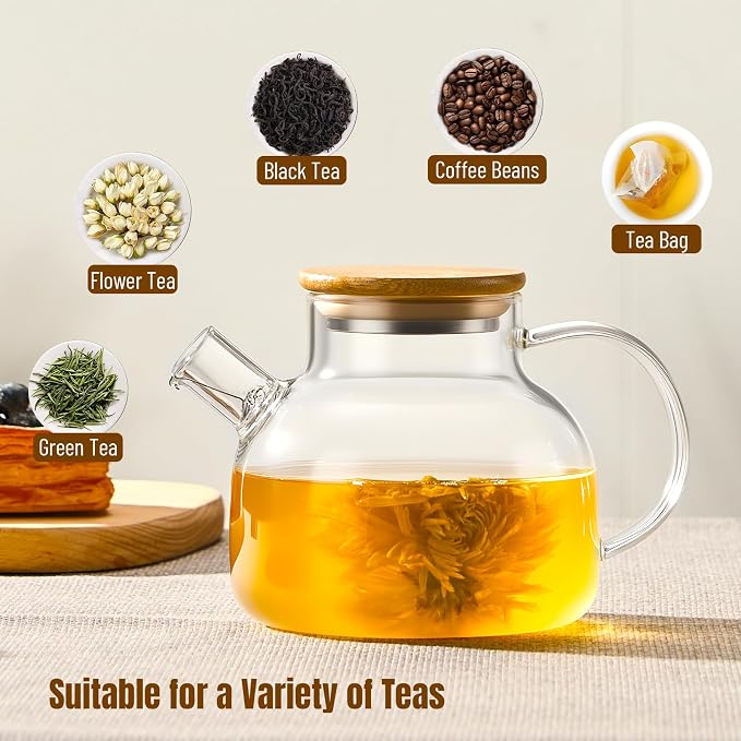 PARACITY Glass Teapot Stovetop 20 OZ/600ml, Borosilicate Clear Tea Kettle with Bamboo Lid, Glass Tea pot with Removable Filter Spout, Teapot Blooming and Loose Leaf Tea Maker Tea Brewer for Camping | 18/8 stainless steel tea infuser/strainer; borosilic...