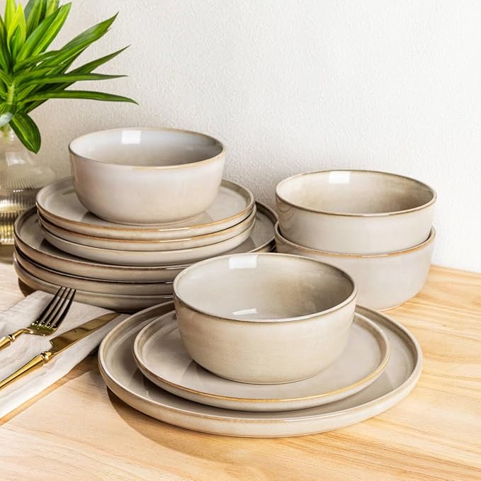 AmorArc Stoneware Dinnerware Sets for 6, 18Pcs Plates and Bowls Sets Dishes | Ceramic Round Reactive Glaze Dishes Set, Highly Scratch Resistant | Dishwasher & Microwave Safe Dishware