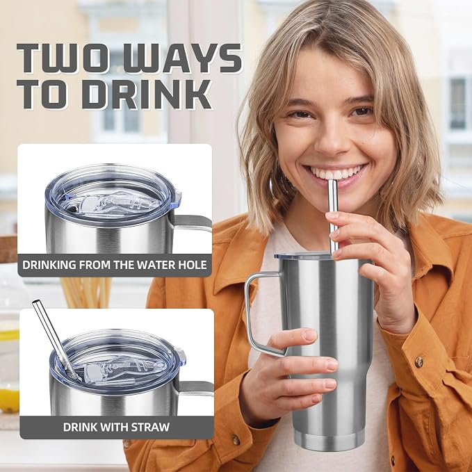 20 oz Tumbler with Handle Stainless Steel Insulated Coffee Tumbler with Lid and Straw Double Wall Vacuum Insulated Coffee Mug Leak Proof Travel Mug Tumbler for Hot and Cold Drink (Silver,6pack)