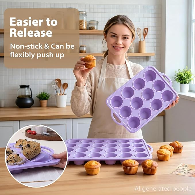 Silicone Muffin Pan Set: Non Stick 12 & 24 Silicone Muffin Pans for Baking | Easy Release - Complete Shaping Each Use Avoid Re-baking - BPA-free Cupcake Tin Reinforced Frame for Oven Home Bakers Vnray