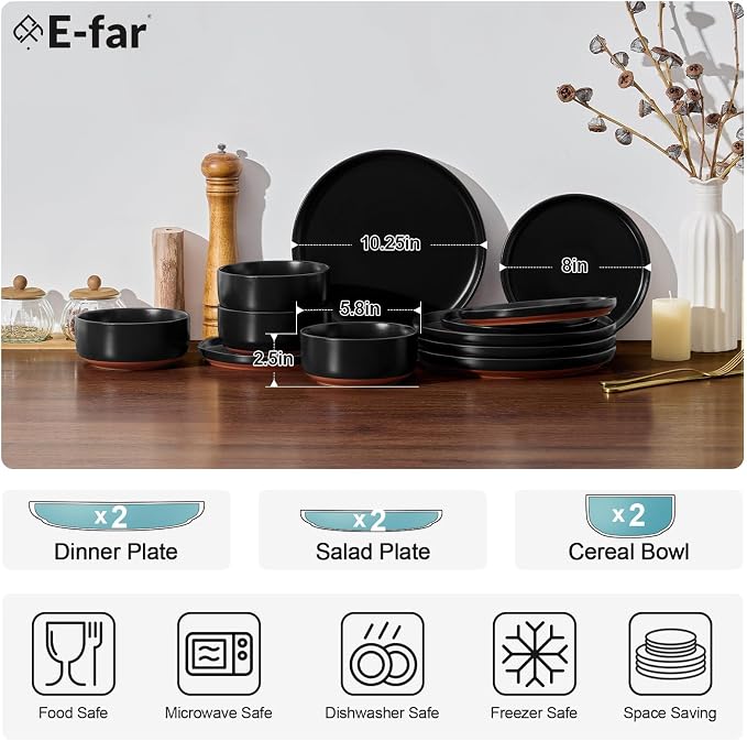 E-far 6-Piece Stoneware Plates and Bowls Sets, Dinnerware Sets for 2, Ceramic Dishware Dishes Set with Terracotta Base, Chip & Scratch Resistant, Microwave & Dishwasher Safe, Matte Black
