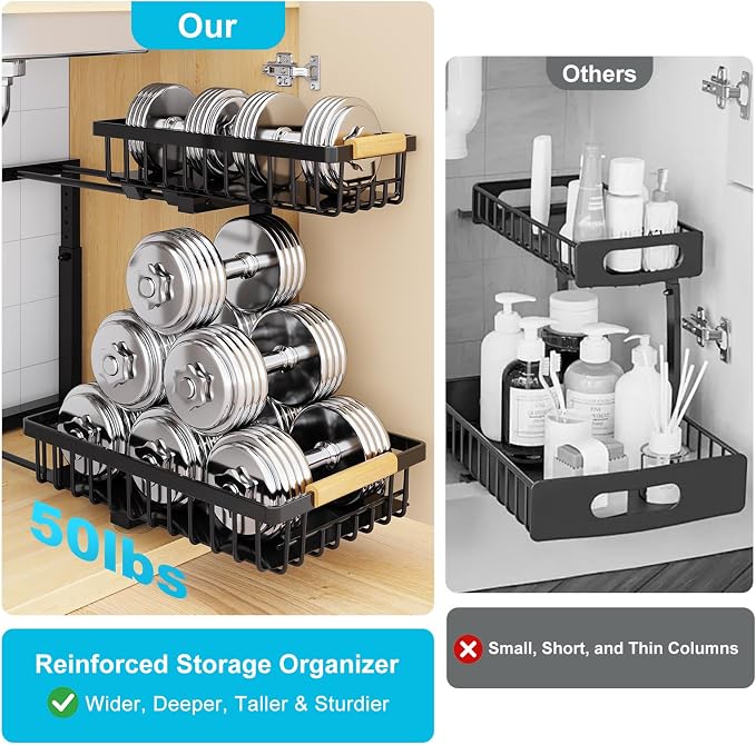Under Sink Organizer 2 Pack, Adjustable Height 2-Tier Pull Out Cabinet Organizers, Heavy Duty Metal Slide Out Drawers, Under the Sink Organization and Storage Shelf for Kitchen Bathroom Pantry, Black