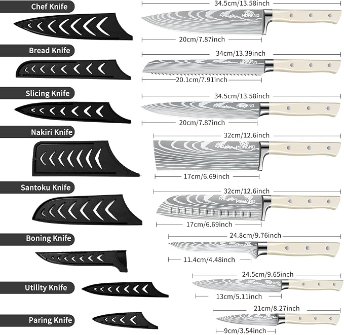 Chef Knife Set with Roll Bag, Professional Knife Set with Sharpener | High Carbon Stainless Steel 9PCS Kitchen Knife Set, Forged Triple Rivet Handle, Kitchen & Home Cooking, Dishwasher Safe White