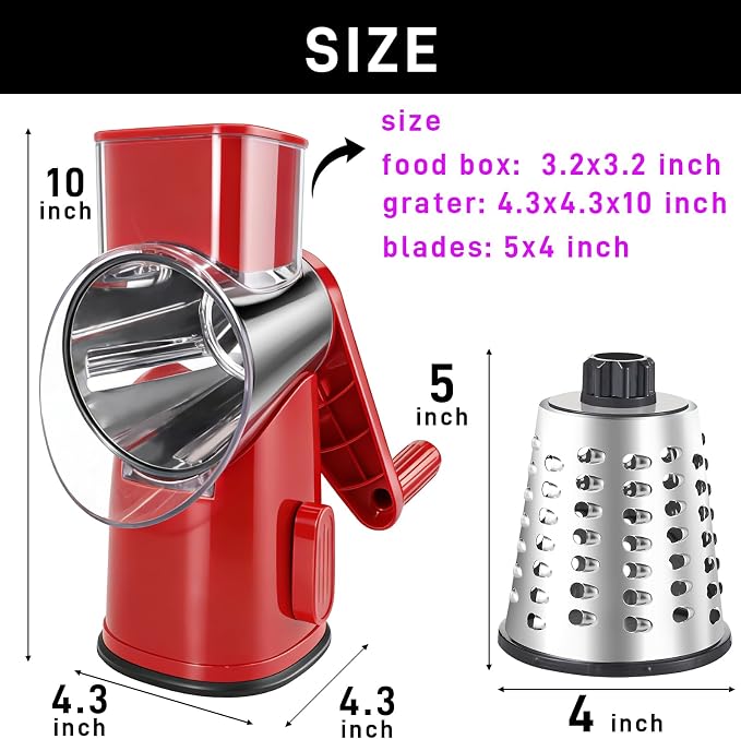 Weltonhm 4 in 1 Large Rotary Cheese Grater Hand Crank (red, 4 Graters) | Cheese Shredder Rotary and Slicer with 4 Stainless Steel Blades for Vegetables, Veggie and Cheese, Stronger Suction Base
