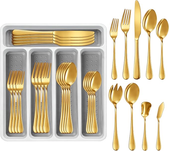 45-Piece Silverware Set with Organizer, Stainless Steel Flatware Set for 8 | Gold Cutlery Utensil Sets, Includes Forks, Knives, Spoons & Serving Utensils, for Dining, Entertaining & Housewarming