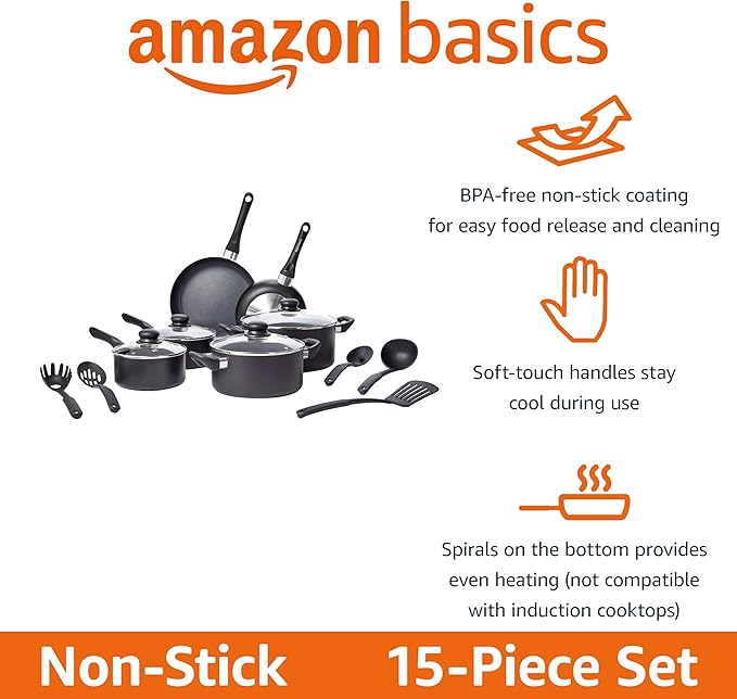 Amazon Basics Non-Stick Kitchen Cookware 15-Piece Set with Stay-Cool Handles, Even Heating, Non-Induction, Includes Pots, Pans, and Utensils, Black