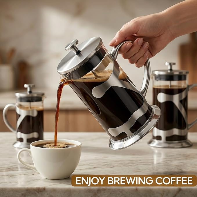 Stainless Steel French Press Coffee Maker 1L, 34oz Heat Resistant Borosilicate Glass Coffee Press with Coffee Measuring Spoon, Manual Brewer for Coffee and Tea