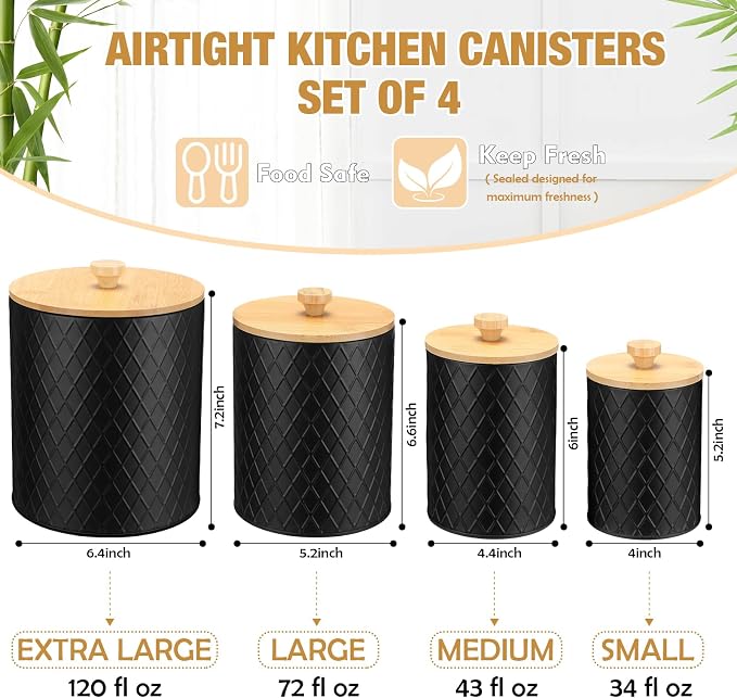 Reallnaive 4 Pcs Black Metal Coffee Canister Set with Bamboo Lid,4 Sizes | Airtight Container for Tea Sugar Flour, Diamond Textured Farmhouse Kitchen decoration, Countertop Organizer with Labels Spoon