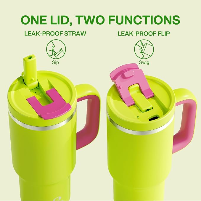 ENCOOL 32 oz Tumbler with Handle and Straw: Stainless Steel Insulated Tumbler Keeps Cold for 24 Hours, Leakproof Travel Cup Fits in Cup Holder and BPA-Free,Acid Green