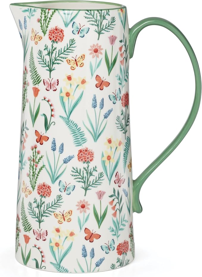 Oneida First Blooms Ceramic Pitcher, 50oz | butterfly and flower design, dishwasher safe | spring table decor | 9 inch, 50oz, gift for women, table decor item