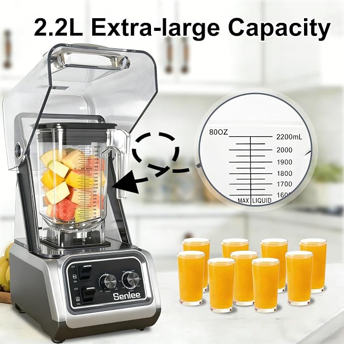 2200W Commercial Blender Quiet Shield Self-Cleaning Ice Crush 80oz Pitcher | 6-Leaf Stainless Steel Blade | Smoothie & Shake Maker for Restaurants, Commercial Kitchens | Heavy-Duty