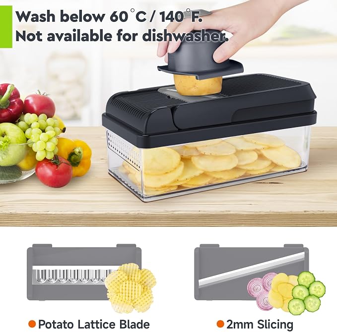 MealHelper 12-in-1 Vegetable Chopper, Food Veggie Chopper With Container | Kitchen Prep Tool, Cheese Grater, Home Essentials & Kitchen Gadgets, with Sharp Stainless Steel Blades(7 Blades, Gray)