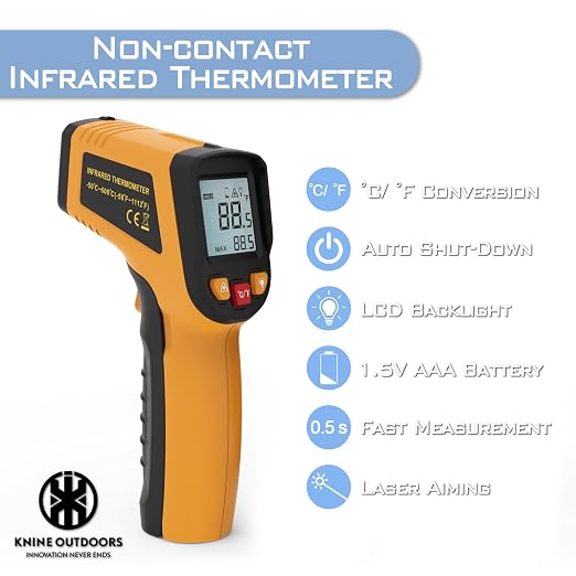 KNINE OUTDOORS Infrared Thermometer Gun, -58℉ to 1112℉ | Temp Gun, Laser Temperature Gun, for Cooking, Oven, BBQ, Griddle, Meat, HVAC Engine, Distance to Spot Ratio 12:1, Orange