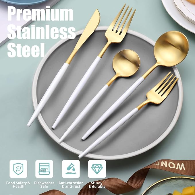 Matte White Gold Silverware Set for 8,Modern Stainless Steel Brushed Cutlery Set,40-Pieces Heavy Duty Flatware Set,Knives Spoons and Forks Set Utensils Set, Satin Finish, Dishwasher Safe