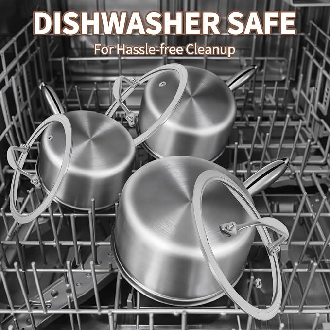 EWFEN 3 Ply Stainless Steel Sauce Pan Set with Lids, 1 & 2 & 3 Quart Multipurpose Cooking Pot, Stay-Cool Handle, Induction Oven Dishwasher Safe, 1QT & 2QT & 3QT