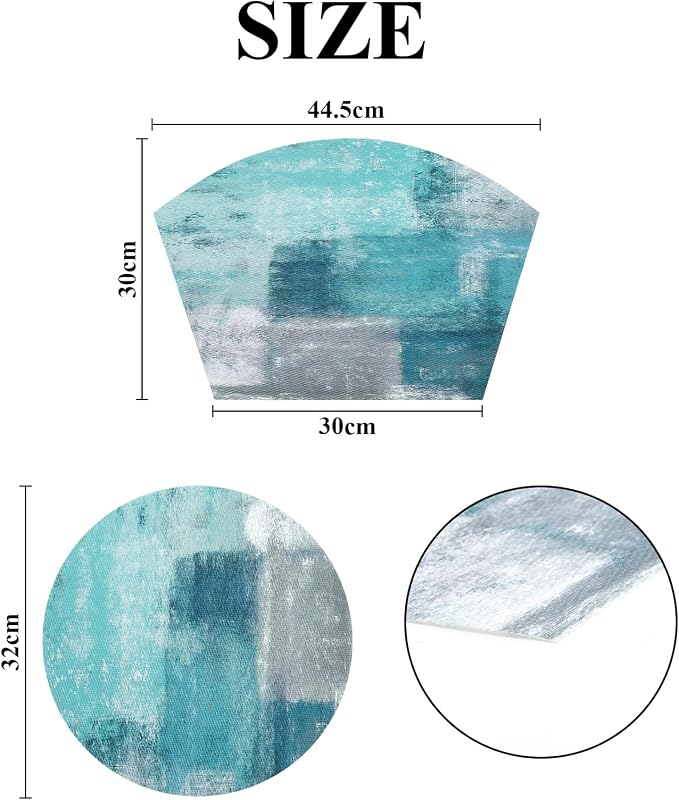 SHACOS Small Round Table Placemats Set of 5 Woven Vinyl Wedge Placemats with Centerpiece Round Table Mats Wipe Clean, Turquoise Grey Abstract Painting