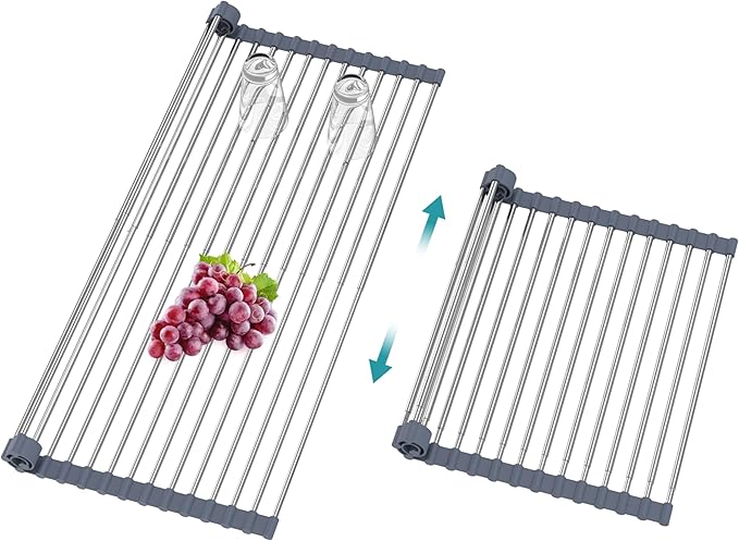 BBXTYLY Extra Large Expandable Roll Up Dish Drying Rack,Over The Sink Drying Rack Sink Cover Kitchen Sink Accessories Kitchen Rolling up Stainless Steel Drainer, Foldable,Rollable（Gray，22.8''-12.4''）