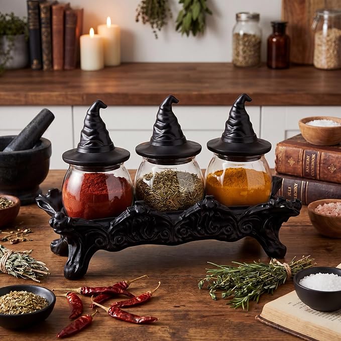 13'' Halloween Witchy Spice Jars Set 3 Pcs Large Gothic Vintage Apothecary Glass Jars with Witchy Hat Lids Home Kitchen Decoration Food Storage Container Herb Tea Salt Spice Pepper Display