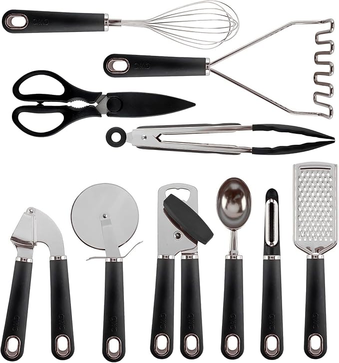 COOK WITH COLOR Kitchen Gadget Set Stainless Steel Utensils with Soft Touch Handles, 7 Pieces, Stainless Steel Black