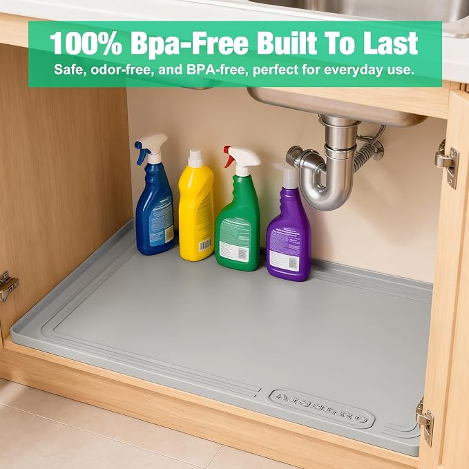 Under Sink Mat 31" X 22", Waterproof Silicone Cabinet Kitchen Liner, Gray | BPA-Free Raised-Edge Cabinet Protector & Leak Tray for Bathroom Cabinets, Boots, Pet Feeding Dog & Cat Mats, Dishwasher Safe