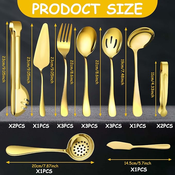 17 Pcs Gold Serving Utensils Set Include Stainless Steel Large Serving Spoons Slotted Spoons Forks Soup Ladle Pie Server - Metal Utensils for Parties Buffet Catering, Dishwasher Safe