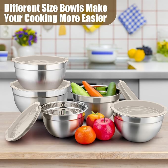 P&P CHEF Metal Mixing Bowls with Lids Set, Airtight Lids & Khaki | 5 PCS Stainless Steel Mixing Nesting Bowls for Kitchen Prepping, Storing, Healthy & Easy Clean, Size 4.6, 3, 1.5, 1, 0.7 QT