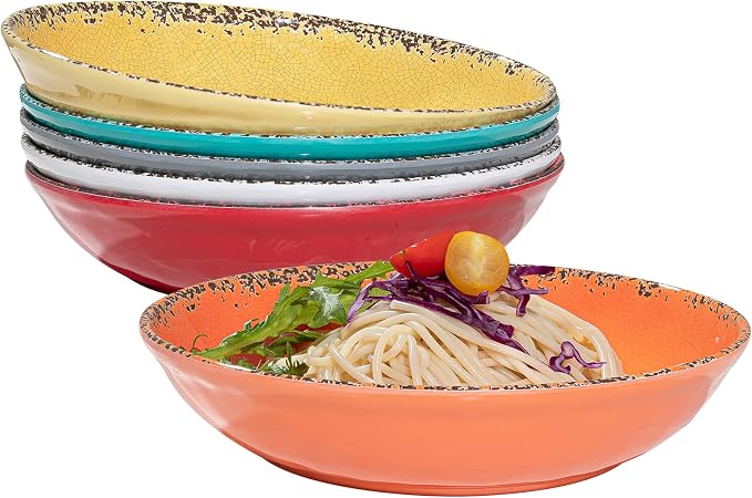 Vintage Pasta Bowl, Melamine Pasta Bowls Set of 6, 42 OZ Large Corlorful Serving Bowl for Kitchen, Dishwasher Safe Salad,Soup,Fruit, Dinner Bowls, Shallow Pasta Plates. Multi-color…