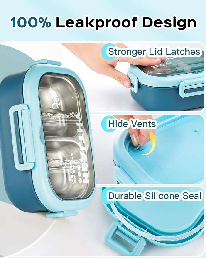 Lille Home 28oz Stainless Steel Leakproof 2-Compartment Bento Lunch Box | Portion Control Metal Lunch Box Food Container with Lunch Bag and Cutlery Set, BPA Free (Light Blue)