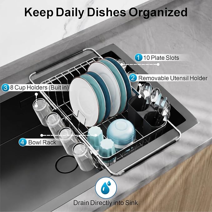 Dish Drying Rack Over the Sink - Expandable Stainless Steel Drainer | Twist-Lock Adjustable Handle, Cup Hooks, Utensil Holder, Compact Design for Apartments, RVs & Small Kitchens, Rust-Resistant