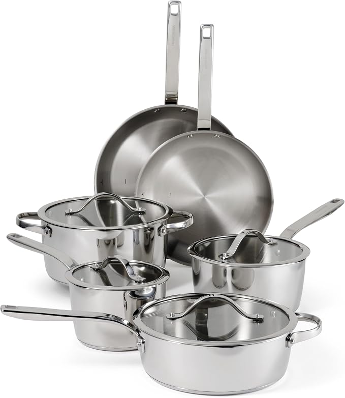 Tramontina Tempo Tri-Ply Base Stainless Steel 10-Piece Pots and Pans Set | Induction-Ready Cookware Set with Lids, Oven-Safe, Dishwasher-Safe