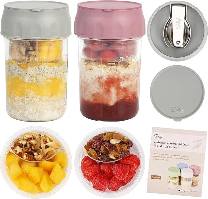 SOLIGT 2 Pack Overnight Oats Containers with Lids (Gray/Rose Pink) | Folding Spoons and Divided Compartments for Fruit&Nuts, Small Glass 16oz Mason Jars for Oatmeal Yogurt Parfait