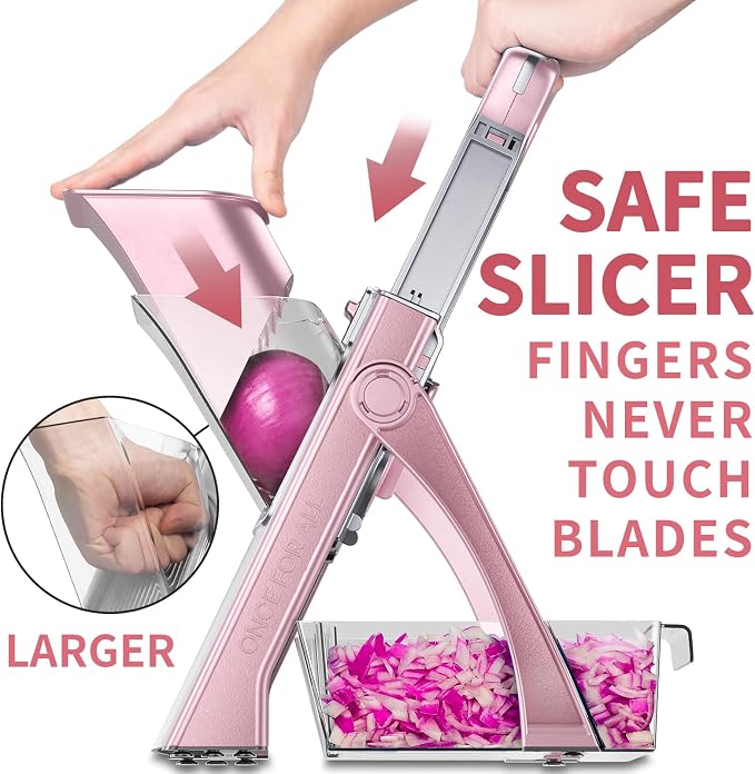 ONCE FOR ALL Safe Mandoline Slicer Plus, Bigger Size, Kitchen Slicer, Pink | 0.1-8mm Adjustable Kitchen Mandoline Slicer, Vegetable Food Chopper, Stainless Steel, Detachable Blade, Dishwasher-safe, Gift