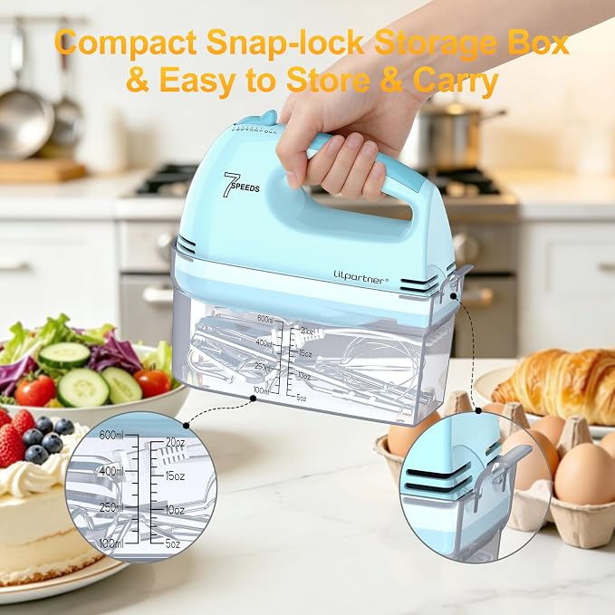 LILPARTNER Electric Hand Mixer with Storage Box, Ultra Power Kitchen Hand Mixer With 7-Speed & 5 Stainless Steel Accessories for Whipping Dough, Cream, Cake, Dishwasher Safe, BLUE BOX