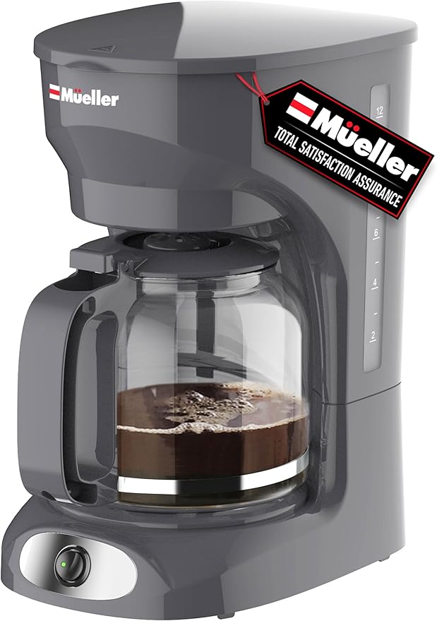 MUELLER HOME 12-Cup Drip Coffee Maker, Gray | Borosilicate Carafe, Auto-Off, Reusable Filter, Anti-Drip, Keep-Warm Function