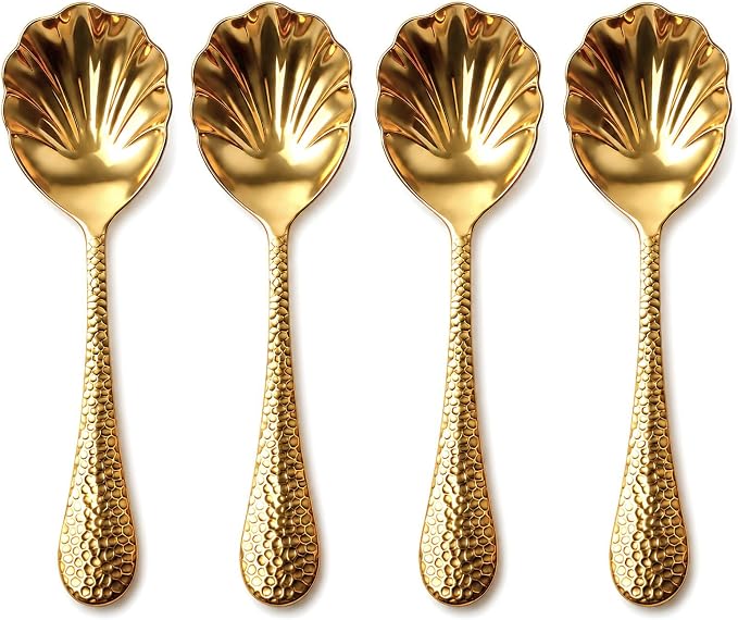 Serving Spoons 4Pack, 18/10 Stainless Steel Large Serving Spoons Set, Hammered Long Handle Serving Spoons for Buffet, Scalloped Design Serving Utensils for Kitchen Party Buffet Banquet (Gold)