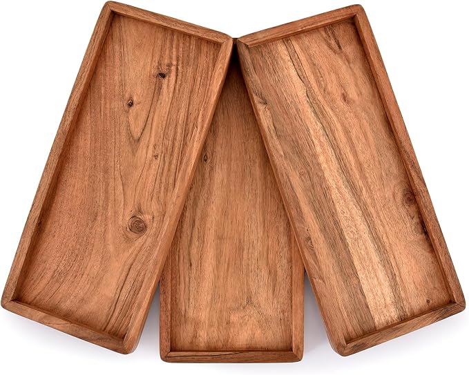 Acacia Wood Rectangular Wooden Platters for Home Decor, Food, Vegetables, Fruit, Charcuterie, Appetizer Serving Tray (13" x 5.5" x 0.75") (Set of 3)